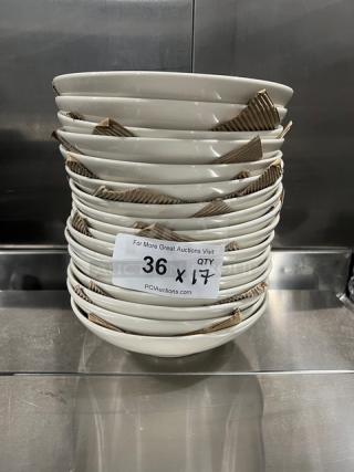 Anfora Commercial White Round Bowls stacked, new condition, 36-count labeled, cardboard separators visible.