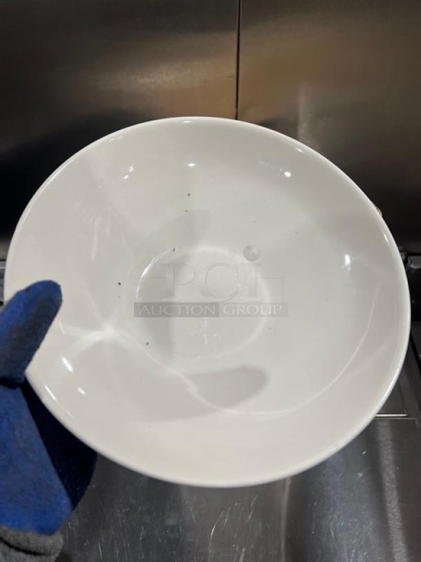 Anfora Commercial white round bowl, ceramic, showing minor wear, with a smooth glossy finish, ideal for serving.