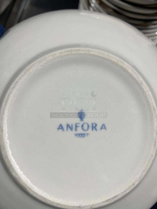 Anfora Commercial white round bowl, underside view. Features blue "Anfora" logo and "2022" marking. In good condition.
