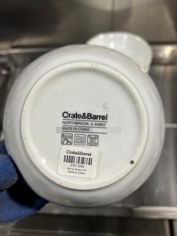 Crate&Barrel Commercial White Round Bowl, marked "Made in China," shown with labels and dishwasher symbol.