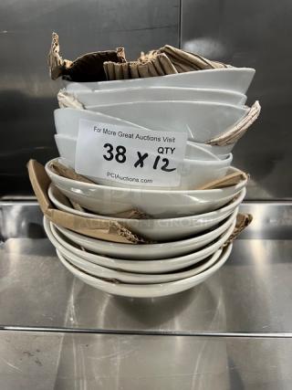 Anfora commercial white round bowls, stack of 38, protective cardboard between, tagged as 12X your bid quantity.