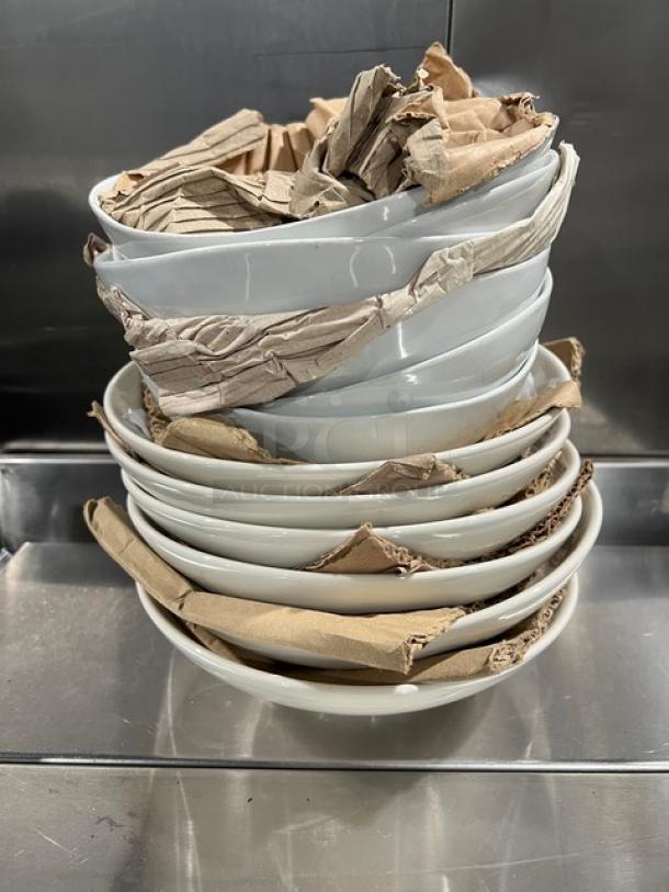Anfora Commercial White Round Bowls, stacked, with protective cardboard. Multiple units bundled for auction.