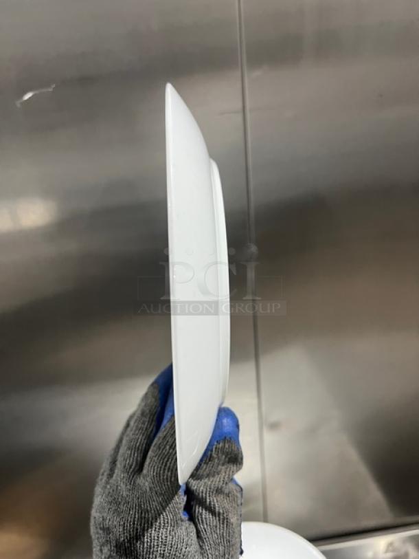 Fortessa Commercial white round plate, new condition, side view, 12-inch diameter.