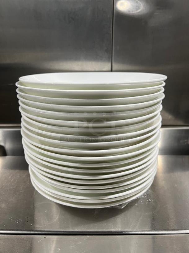 Fortessa commercial white round plates, stack of 20, pristine condition, ideal for professional use.