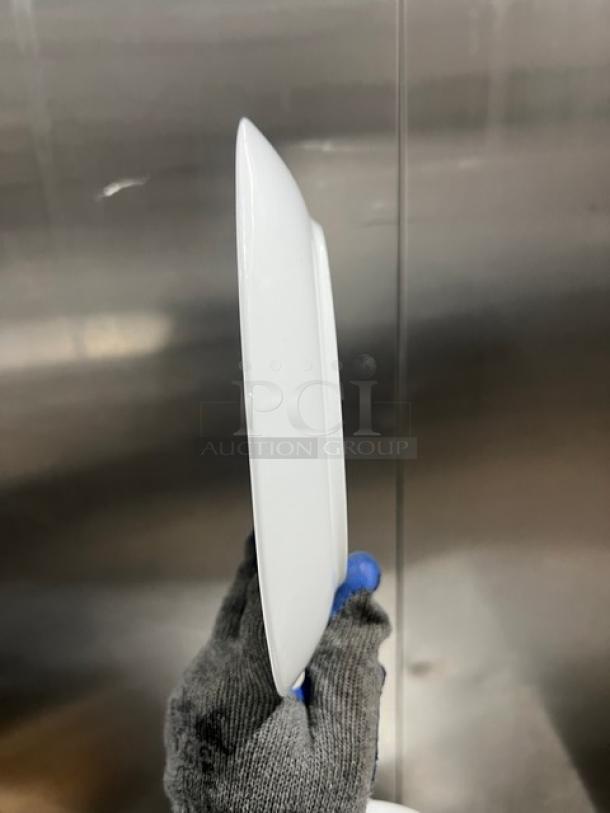 Fortessa Commercial white round plate, side view. Smooth finish, excellent condition. Ideal for bulk purchase auction.