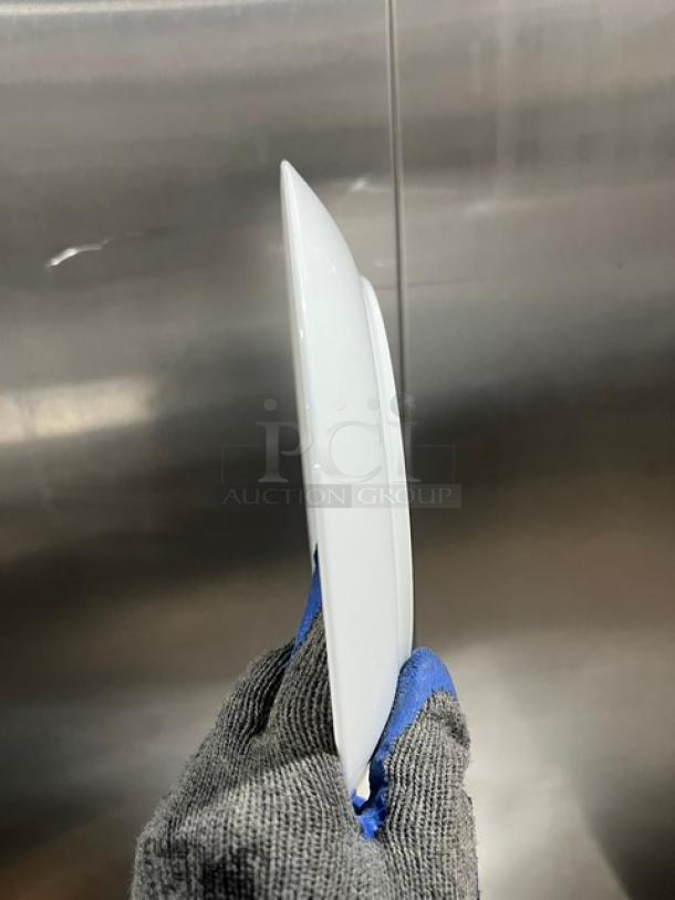 Fortessa Commercial white round plate, side view. Pristine condition, smooth edges, durable porcelain.