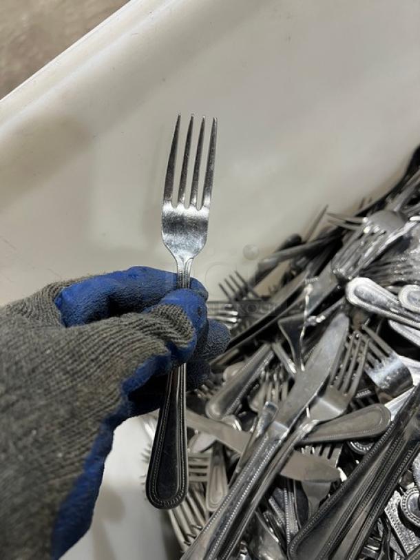 Stainless steel dining utensils, including forks, knives, and spoons. Used condition, commercial grade.
