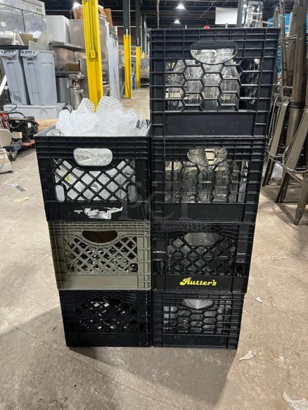 8 crates of commercial water/juice serving bottles. Mixed condition, visible logos "Rutter's" and "Turkey Hill" on crates.