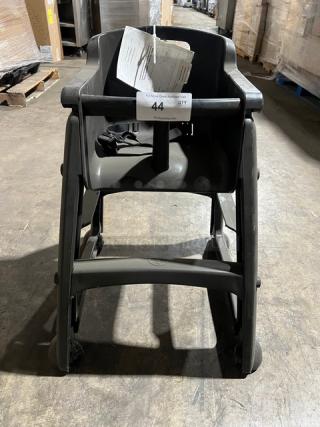 Rubbermaid Commercial Black Restaurant Highchair, Model FG780608BLA, with casters, black plastic, includes safety strap.