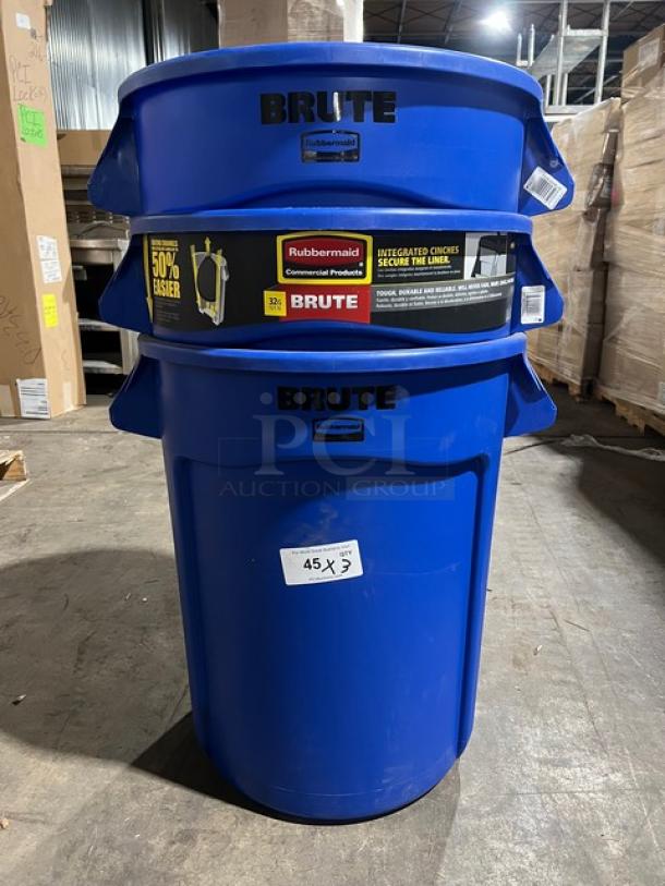 Rubbermaid Brute Series 32 Gal. blue trash can, new condition. Features integrated cinches, sturdy build, label indicates commercial use.