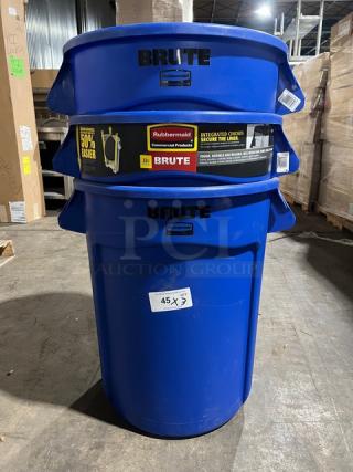 Rubbermaid Brute Series 32 Gal. blue trash can, new condition. Features integrated cinches, sturdy build, label indicates commercial use.