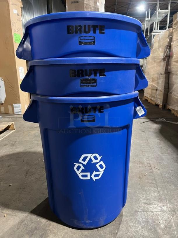 Rubbermaid Brute Series commercial blue 32 gal. trash can in new condition; stack of three cans with recycling logo.