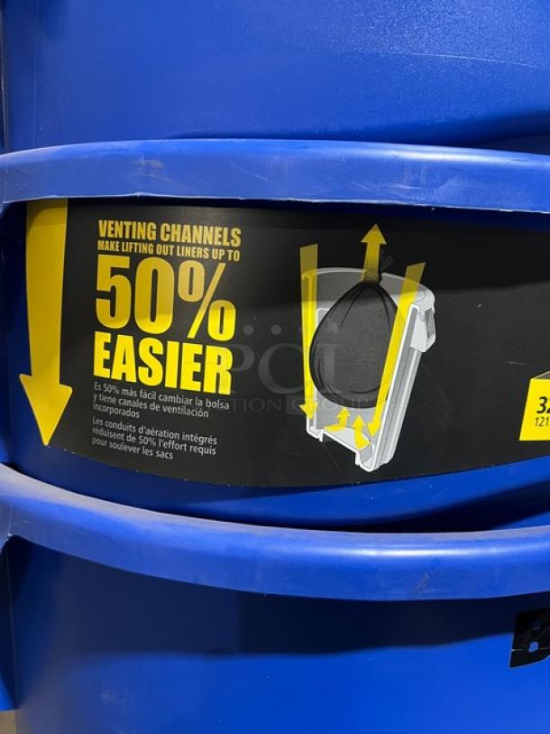 Rubbermaid Brute Series 32 Gal. blue trash can, new. Features venting channels for easier liner removal, commercial-grade.