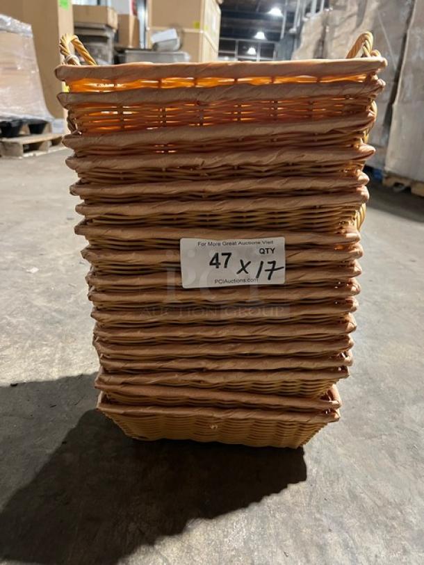Woven display baskets, stack of 17; rectangular shape, wicker material, good condition, size 17x. Label shows "47 x 17 QTY".