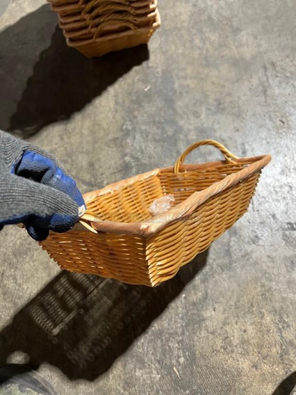 Woven basket, rectangular, natural wood, good condition, set of 17, stackable, suitable for display or storage.