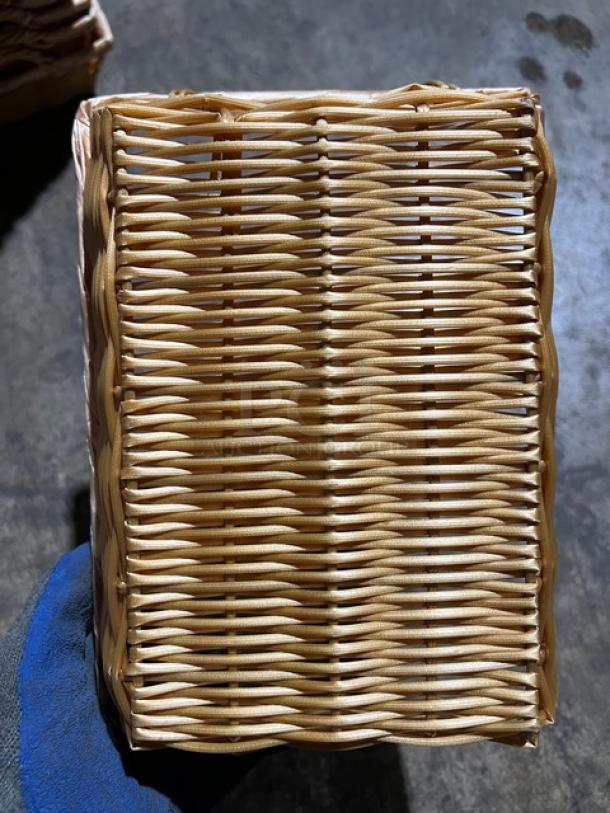 Woven display basket, rectangular shape, natural fibers, good condition, 17X bundled, textured design, ideal for storage.