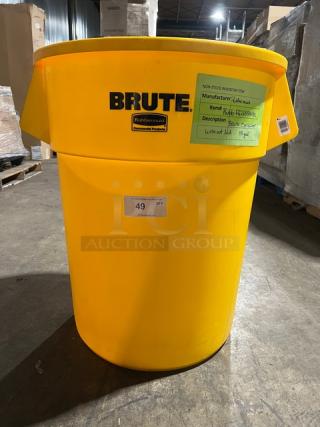 Rubbermaid Brute Series 55 Gal. yellow trash can, commercial grade, with visible labels, excellent condition.