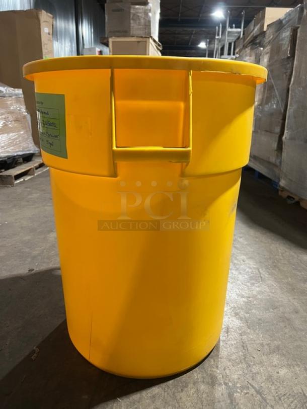 Rubbermaid Brute Series 55 Gal. yellow trash can, commercial-grade, durable plastic, with reinforced rim and side handles.
