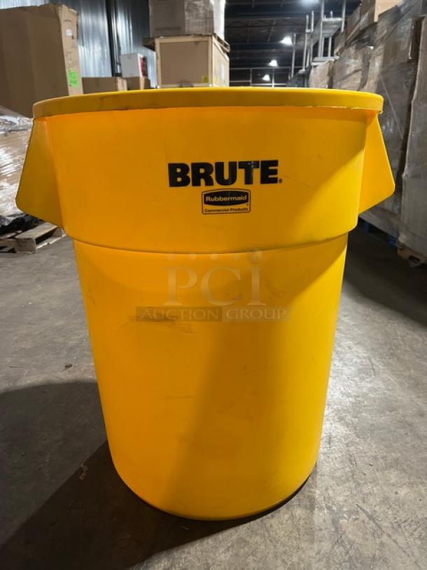 Rubbermaid Brute Series yellow 55-gallon trash can, commercial grade, durable plastic, slight scuffs, visible logo and label.