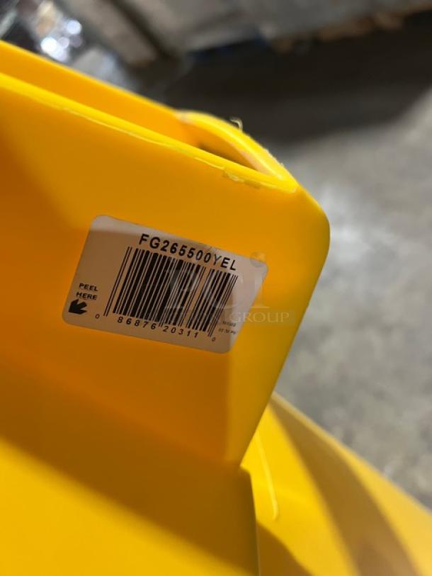 Rubbermaid Brute Series 55 Gal. Yellow Trash Can, model FG265500YEL, commercial-grade, durable plastic construction.