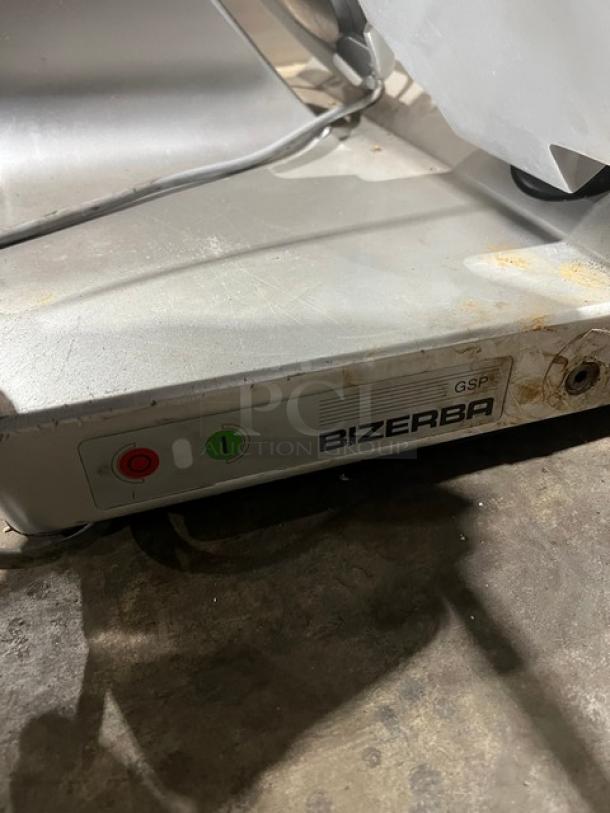 Bizerba commercial stainless steel deli meat slicer, electric-powered, countertop model, SN: 10401317, 120V, 1 Phase.