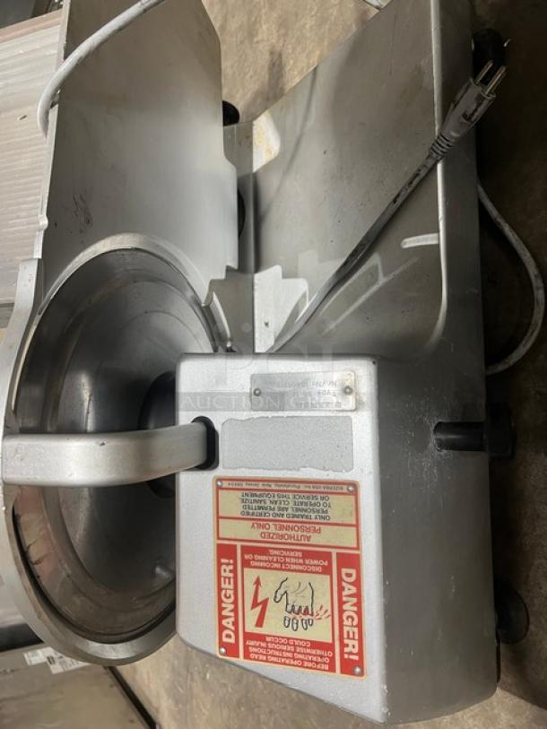 Bizerba stainless steel electric deli meat slicer, SN: 10401317, 120V, 1 phase. Features safety labels and clean condition.