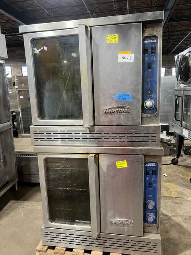 Imperial commercial stainless steel double-stacked convection oven with wired rack, natural gas, on casters, labels visible.