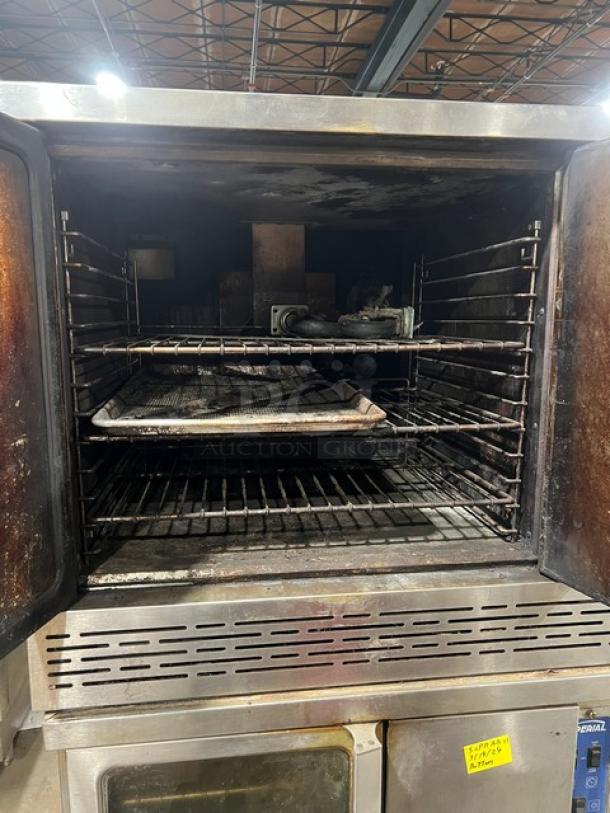 Imperial commercial stainless steel double-stacked convection oven on casters, natural gas powered, includes wired oven rack.