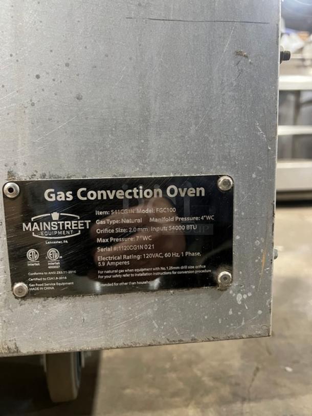 Mainstreet Equipment FGC100 Convection Oven, natural gas, single stack, stainless steel, with wired rack, on casters.