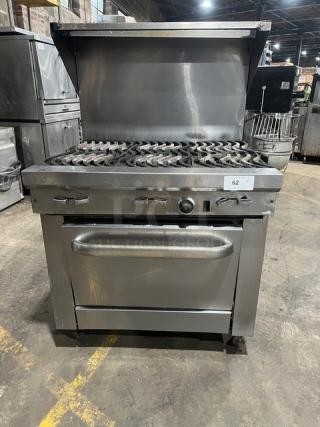 Southbend Commercial Stainless Steel Natural Gas Powered 6-Burner Range/Oven Combo! With Backsplash & Overhead Salamander Shelf! With Wired Oven Rack! On Casters! - Item #1227830