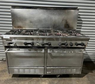 U.S. Range Commercial Stainless Steel Gas Powered 10-Burner Range/Double Oven Combo! With Back Splash! With Wired Oven Rack! - Item #1227471