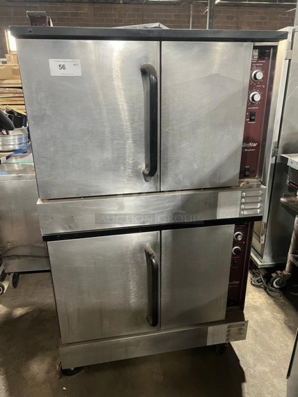 Southbend SilverStar Series gas-powered double convection oven, stainless steel, with wired rack, on casters, model tag visible.