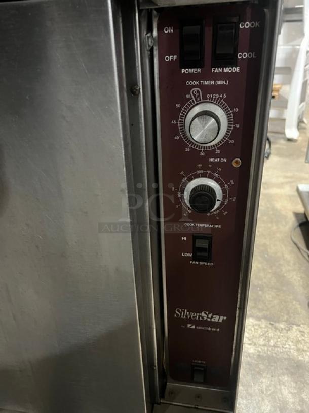 Southbend SilverStar commercial stainless steel convection oven, double stacked, gas-powered, on casters, with controls.