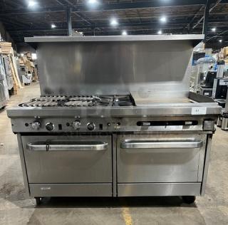 Southbend Commercial Stainless Steel Gas Powered 6-Burner Split-Top Flat Griddle Range/Double Oven Combo! With 4 Non-Clog Wavy Grates! With Back Splash & Overhead Salamander Shelf! On Casters! - Item #1227829