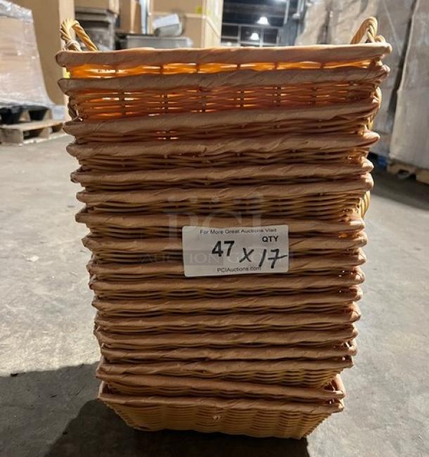 Woven display baskets, stack of 17; rectangular shape, wicker material, good condition, size 17x. Label shows "47 x 17 QTY".