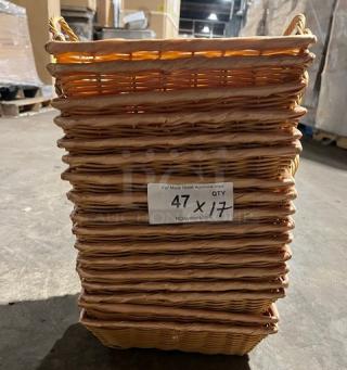 Woven display baskets, stack of 17; rectangular shape, wicker material, good condition, size 17x. Label shows "47 x 17 QTY".