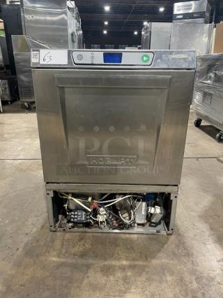 Hobart LXEH commercial dishwasher, stainless steel, electric, undercounter, high-temp, with full-size dish rack, visible wiring.