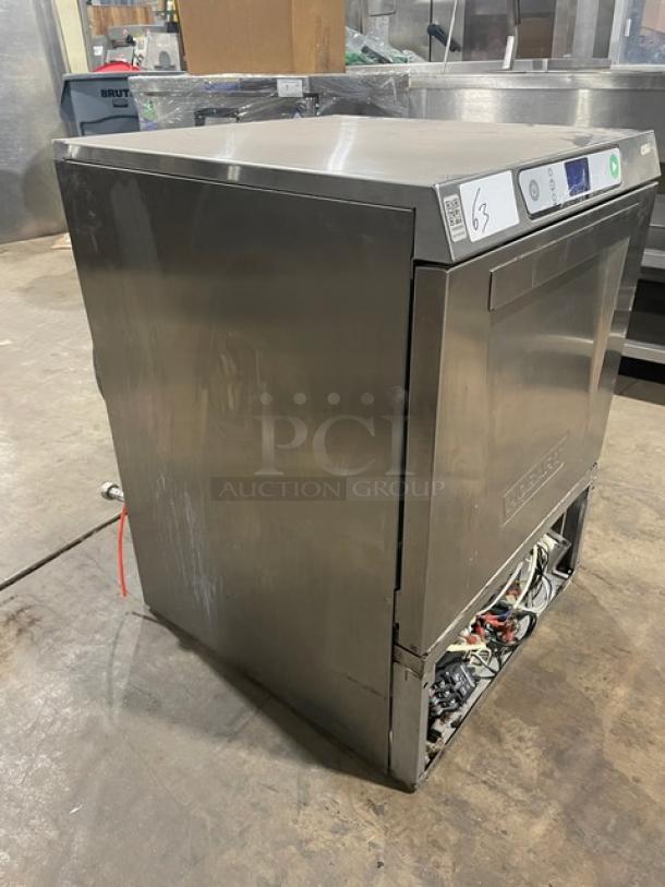 Hobart LXEH stainless steel electric undercounter dishwasher, new body style, high-temp model with dish rack, SN: 23-1147-566.