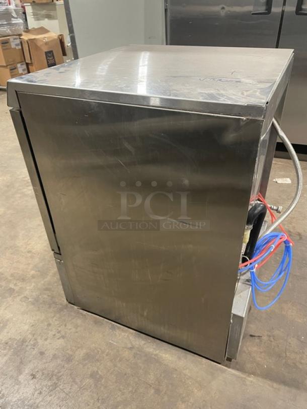 Hobart LXEH stainless steel undercounter dishwashing machine, new style, electric, with full-size dish rack, 120/208-240V, 1 phase.