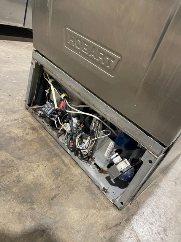 Hobart LXEH commercial stainless steel undercounter dishwasher, exposed wiring, model LXEH, SN 23-1147-566, high-temp, electric.