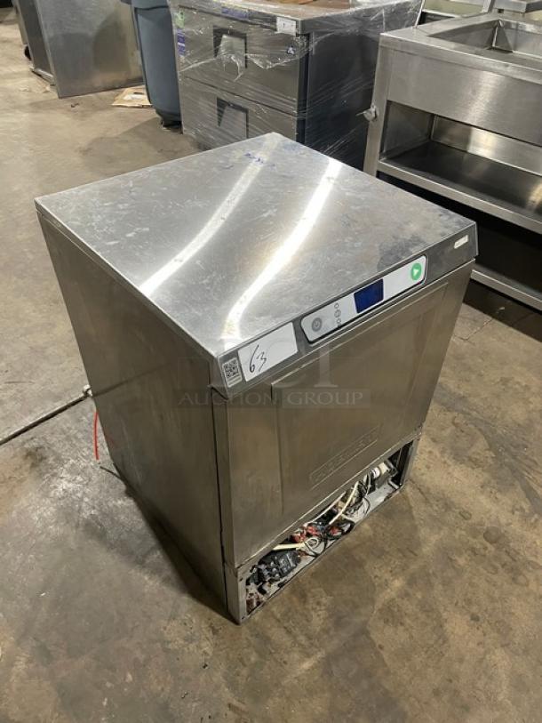 Hobart LXEH commercial stainless steel undercounter dishwasher, new body style, shown with control panel and full-size dish rack.