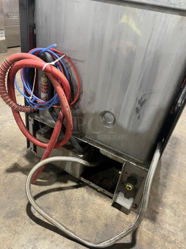 Hobart LXEH undercounter dishwashing machine, stainless steel, visible wiring, Model: LXEH, SN: 23-1149-570, 120/208-240V 1 Phase.