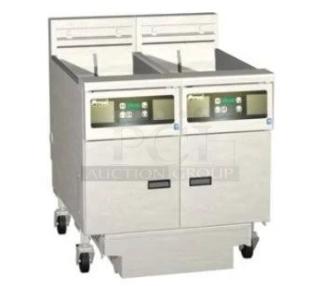 BRAND NEW Pitco Solstice SE18S commercial double bay deep fryer, stainless steel, digital control, with backsplash.