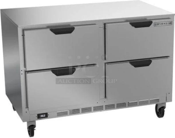 Beverage-Air WTRD48AHC stainless steel 4-drawer undercounter worktop refrigerator, new condition, with casters and warranty.