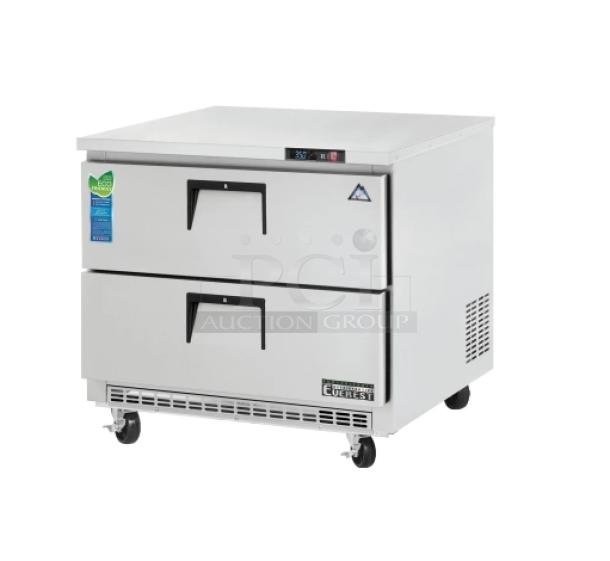 Everest ETB Series stainless steel 2-drawer undercounter refrigerator, model ETBSR-D2, new condition, on casters, with warranty.