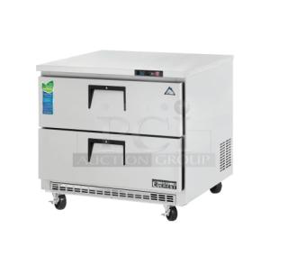 Everest ETB Series stainless steel 2-drawer undercounter refrigerator, model ETBSR-D2, new condition, on casters, with warranty.