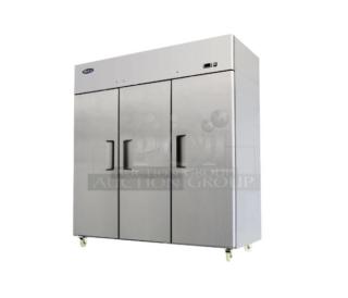 Brand new Atosa MBF8006GR 3-door stainless steel commercial refrigerator, Energy Star certified, 115V, 1 Phase.