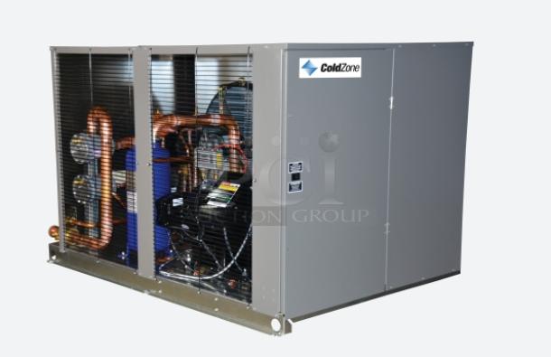 Brand new ColdZone commercial electric compressor, model CFO230L4SEA, 208-230V, with visible ColdZone logo and copper piping.