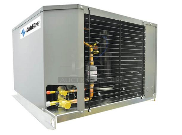 Brand new ColdZone commercial condensing unit, model CFO130E4SEA, 208-230V 3 phase, with visible fittings and ColdZone label.