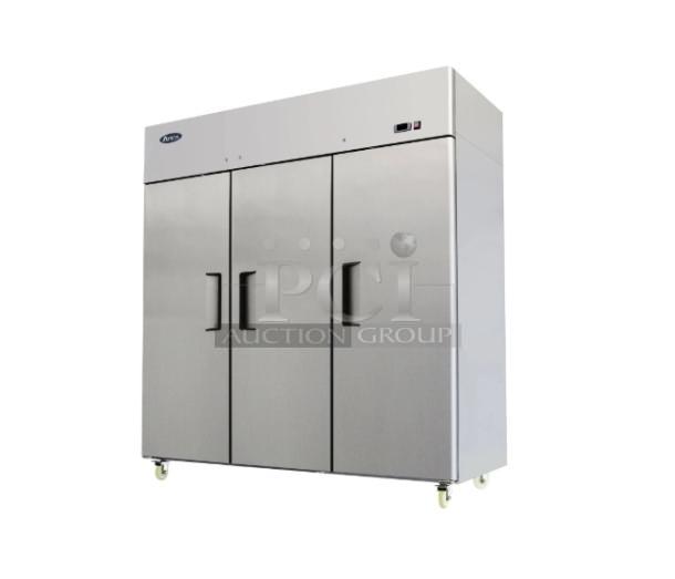 Brand new Atosa 3-door reach-in refrigerator, stainless steel, Energy Star certified, ColdZone model MBF8006GR, 115V.